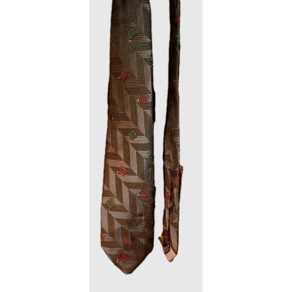 Christian Dior MONSIEUR Neck Tie Geometric Gray Matte Metal Tone Red Green Boxes